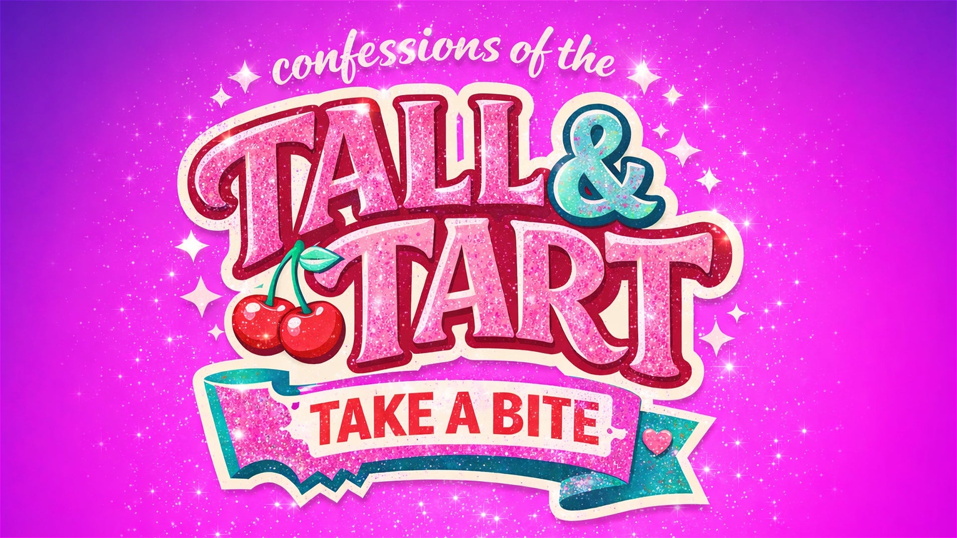 Title card for 'Confessions of the Tall & Tart' with cherries on a purple background