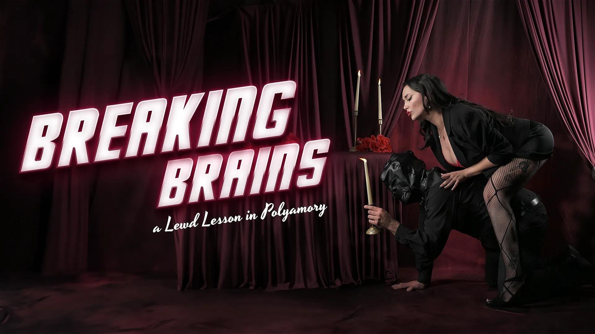 Promotional image for 'Breaking Brains' with a woman in a dark setting holding candles.