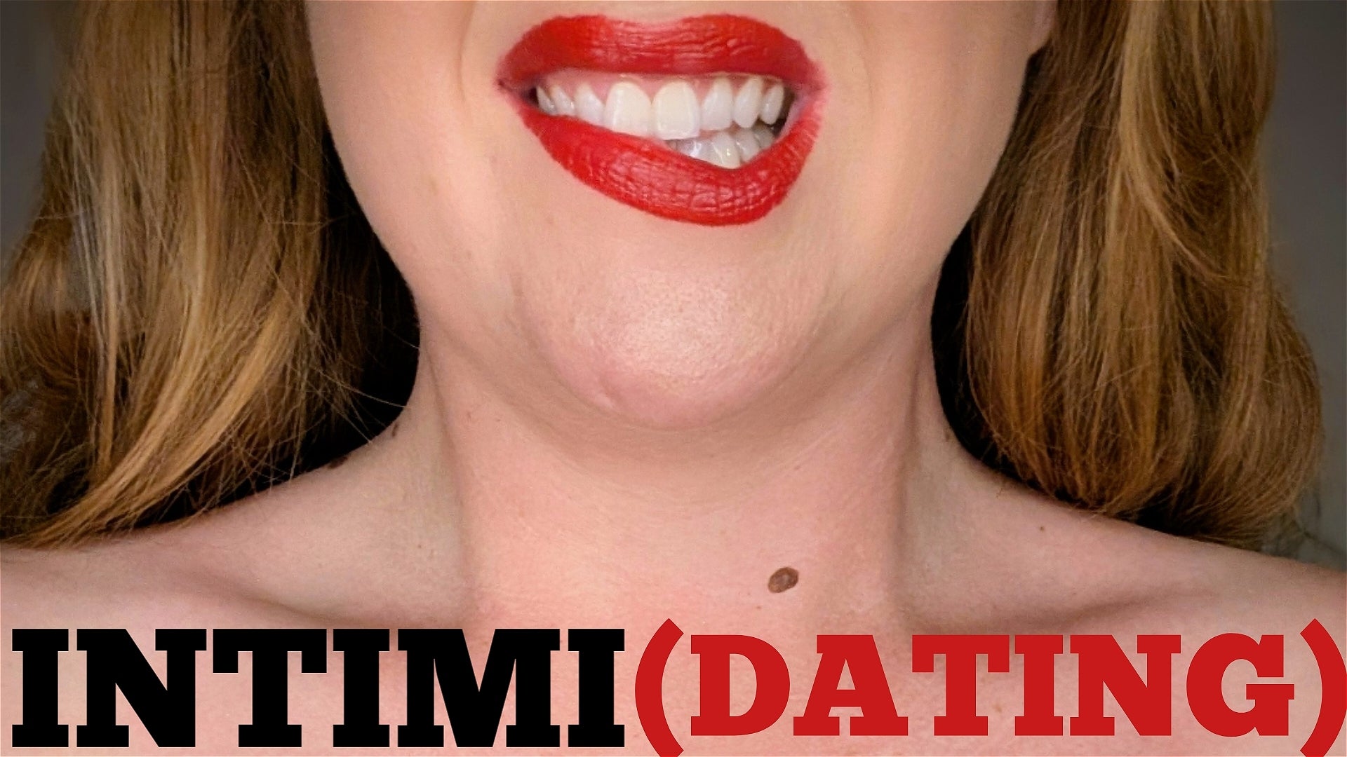 Close-up of a person with red lipstick and text 'INTIMI(DATING)' on a dark background