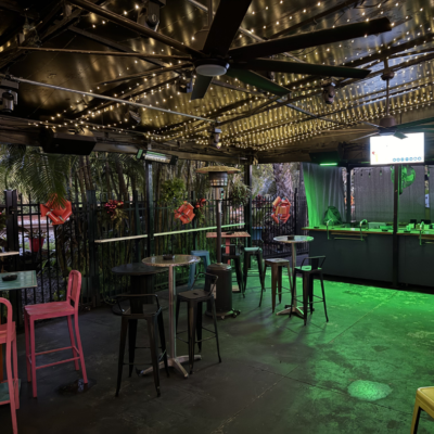 Darkly lit bar with high tables, pink chairs, and greenery on the walls.