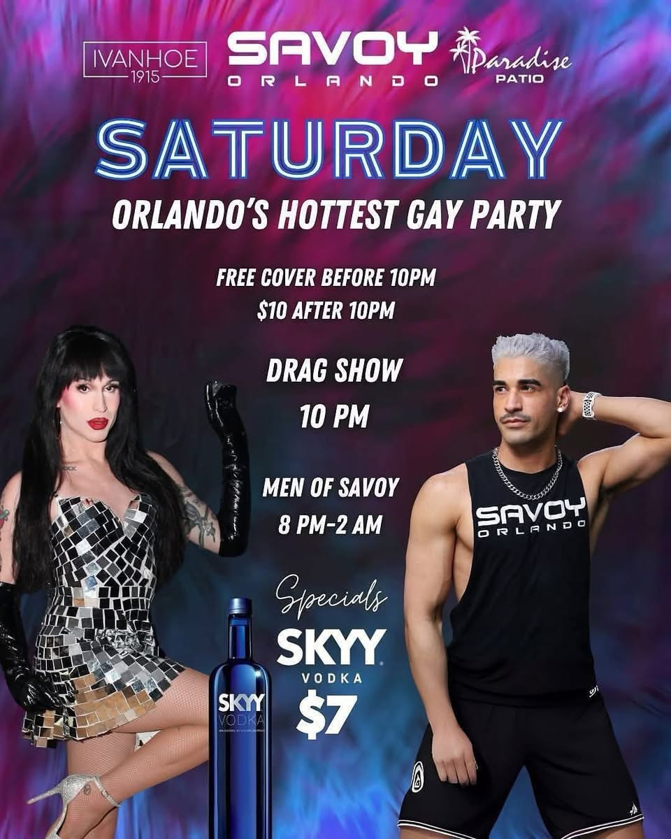Promotional flyer for Savoy Orlando's hottest gay party with two people and Skyy Vodka.