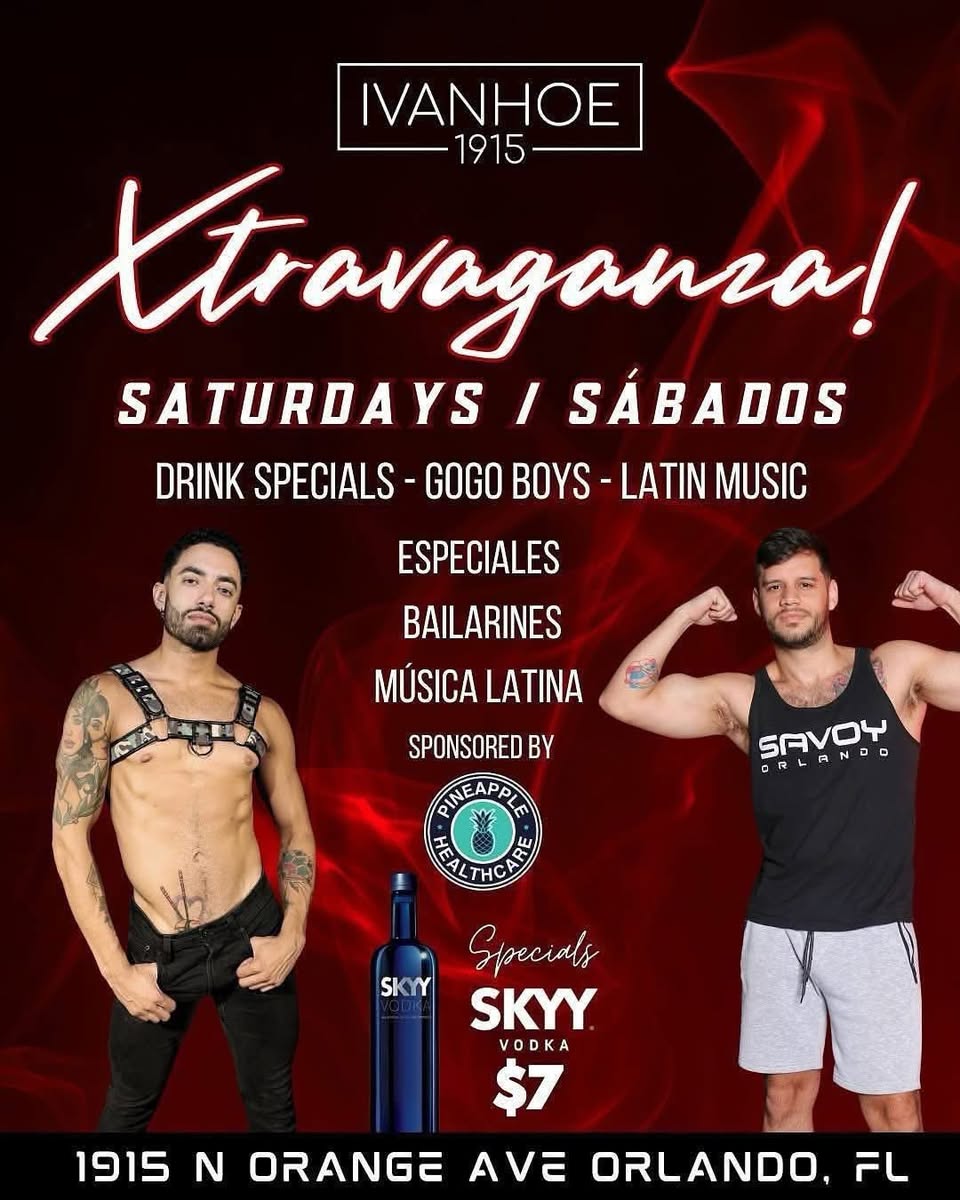 Promotional flyer for an event at Ivanhoe 1915 with two men and drink specials on a red background.