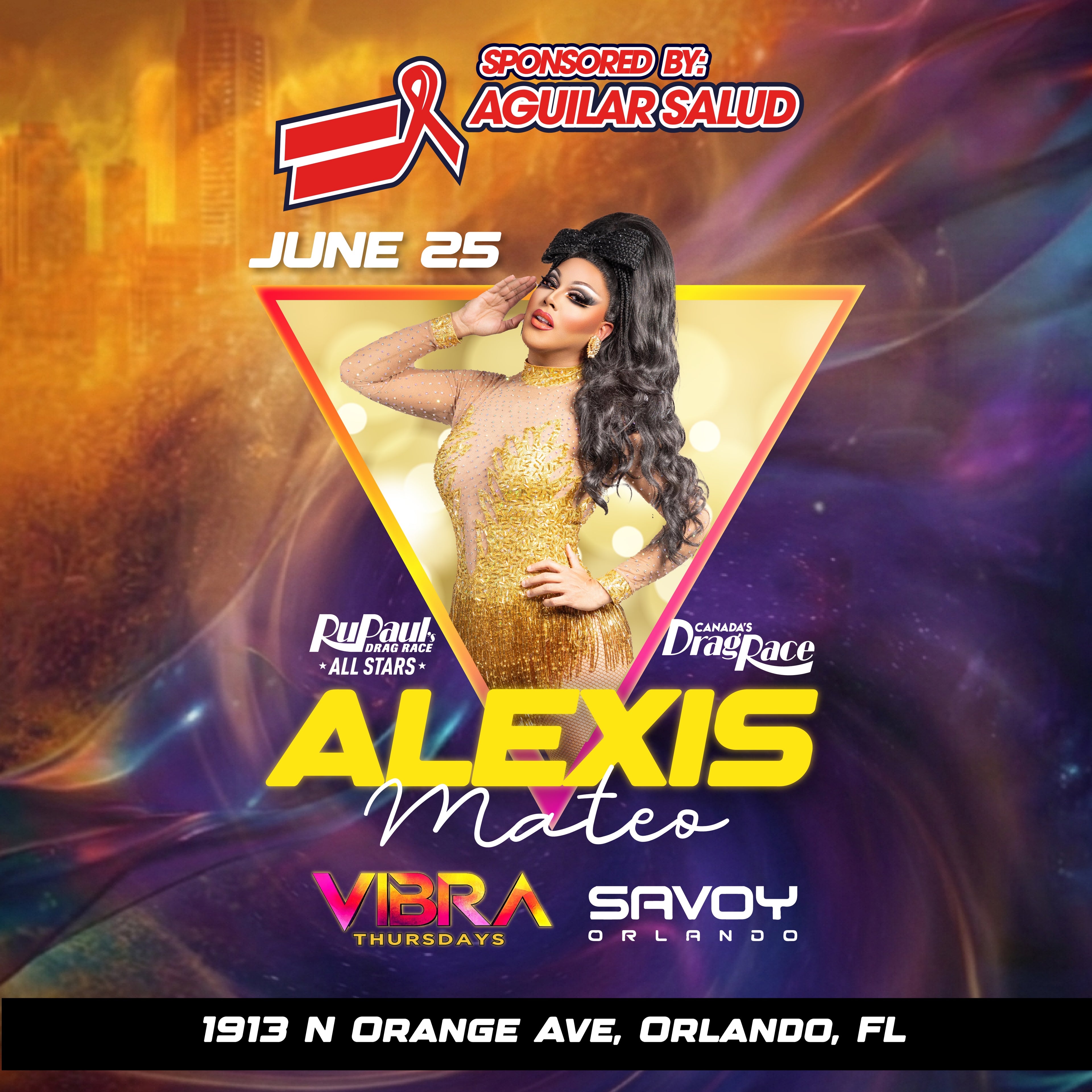 Promotional poster for a drag race event featuring Alexis Mateo with vibrant colors and text.
