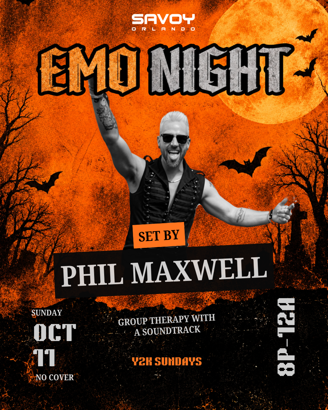Emo Night flyer for Sunday, October 11 at Savoy Orlando with a set by Phil Maxwell, 8 PM to midnight, no cover.