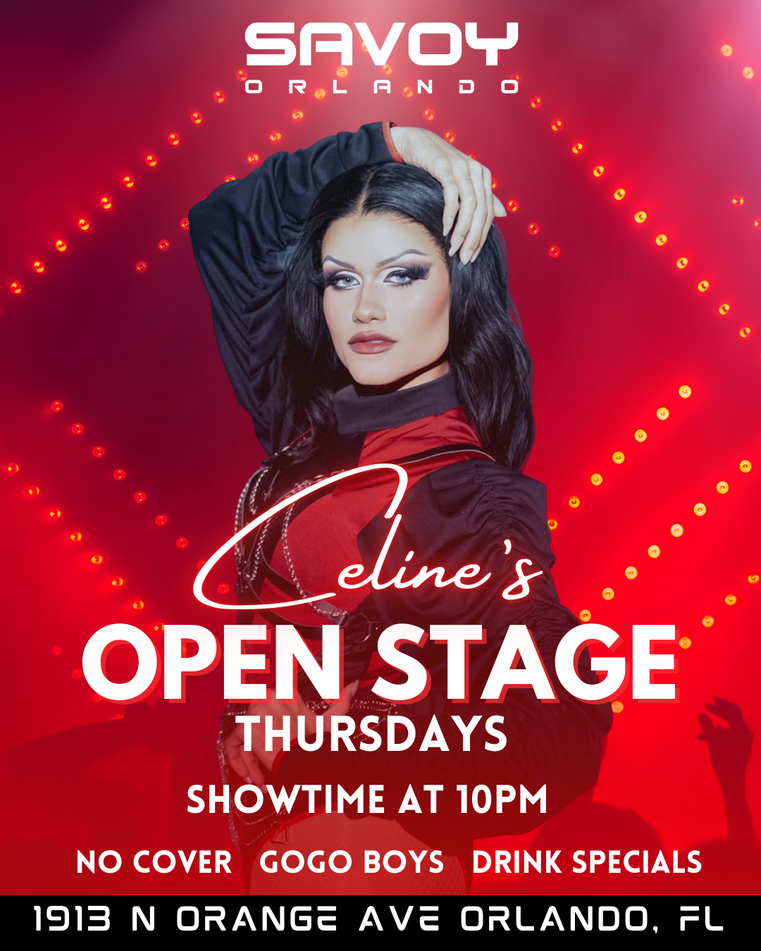 Promotional poster for Celine's Open Stage at Savoy Orlando with a woman in a red dress and headscarf.