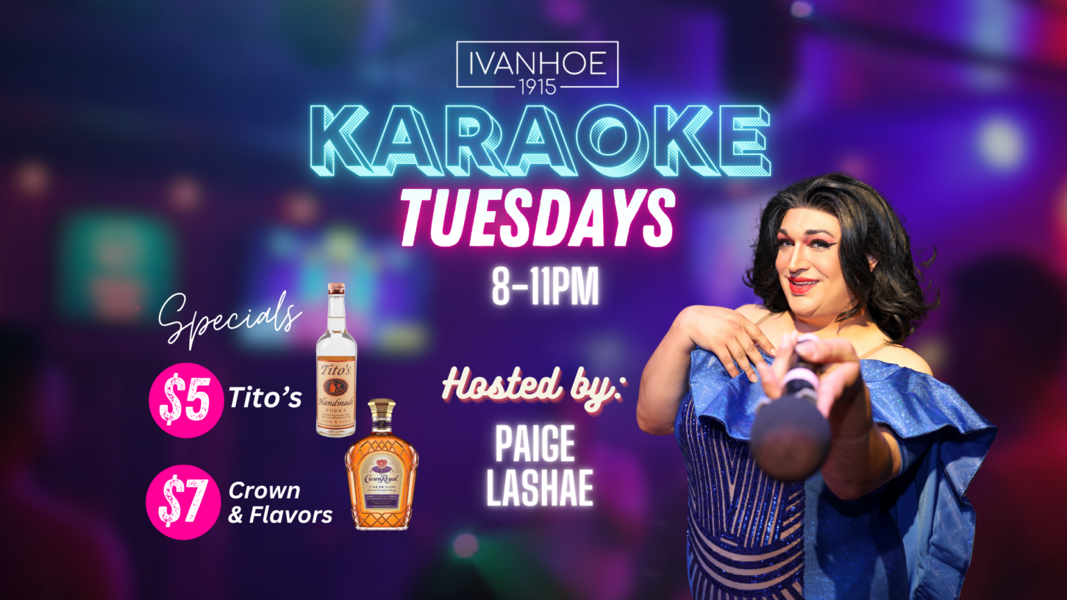 Promotional poster for karaoke event at Ivanhoe with a woman holding a microphone, colorful lights, and text about special offers.