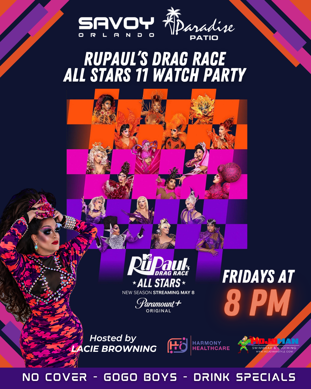 Promotional poster for Rupaul's Drag Race All Stars 11 Watch Party at Savoy Orlando Paradise Patio.