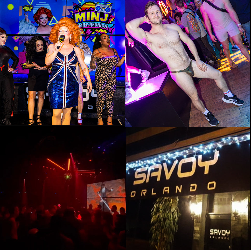 Collage of images from a nightclub event featuring a drag queen, a person in underwear, and the Savoy Orlando sign.