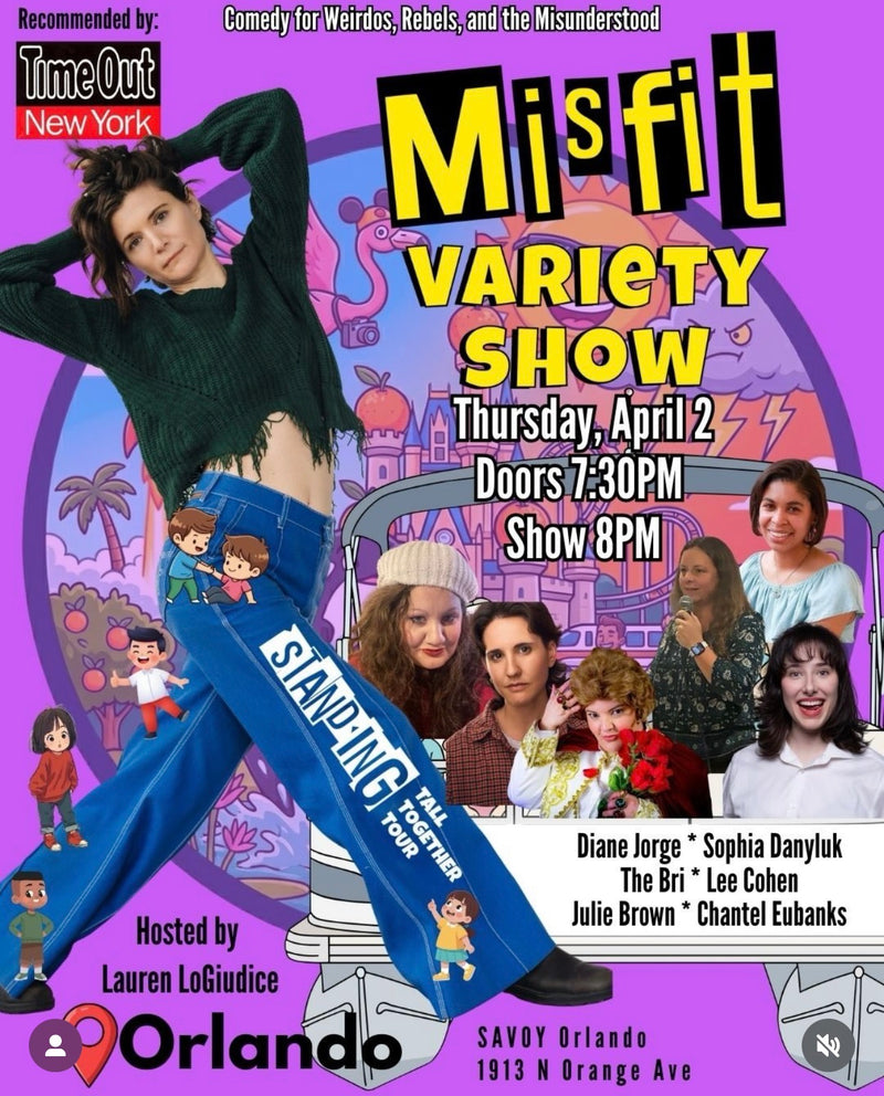 Promotional poster for a 'Misfit Variety Show' featuring a person in blue pants with text about the event and performers.