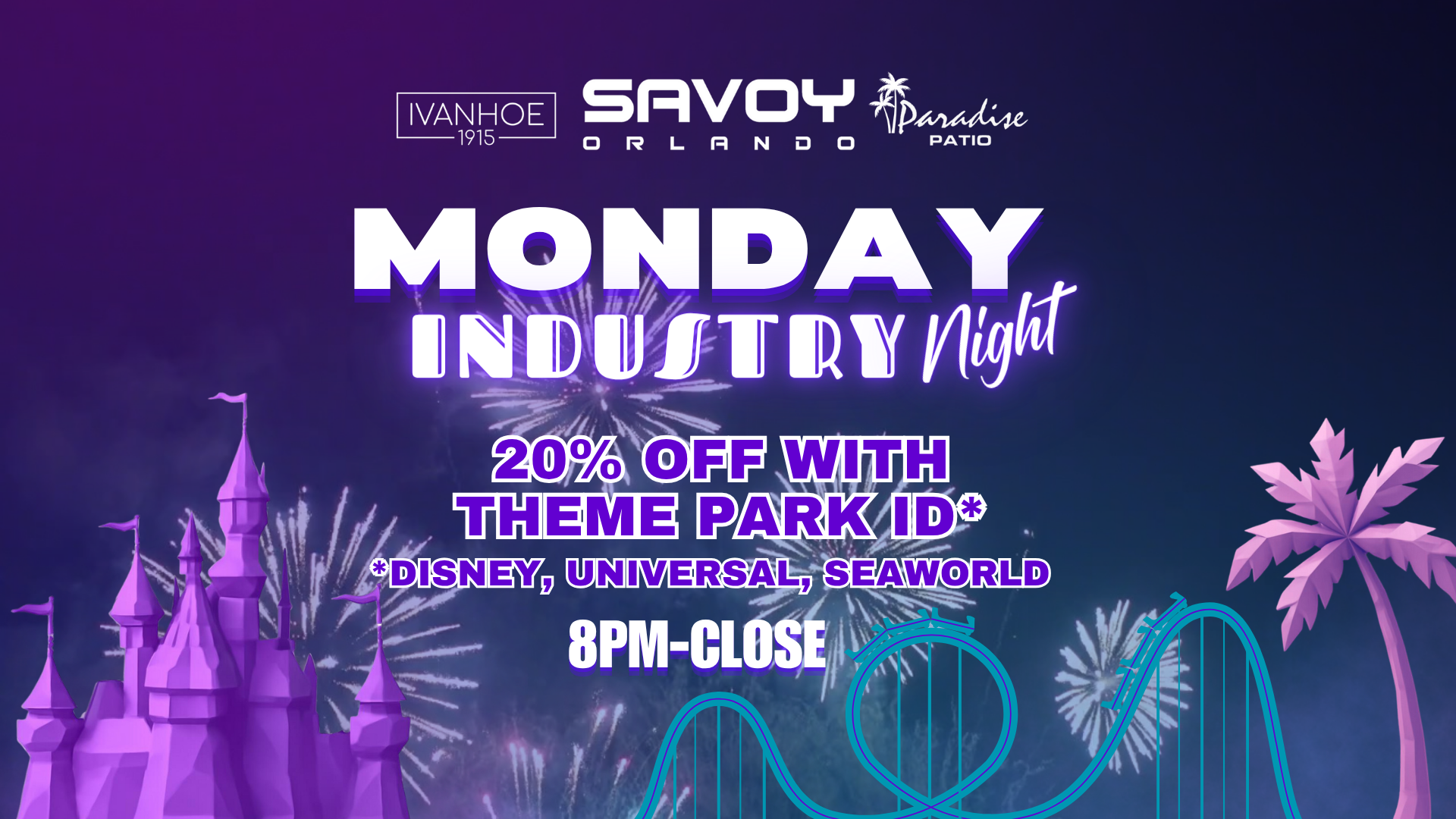 Promotional poster for Savoy Orlando's Monday Industry Night event with theme park ID offer.