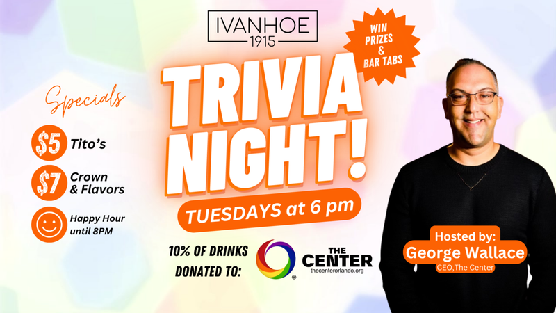 Promotional poster for Trivia Night at Ivanhoe 1915 with a man, special offers, and event details.