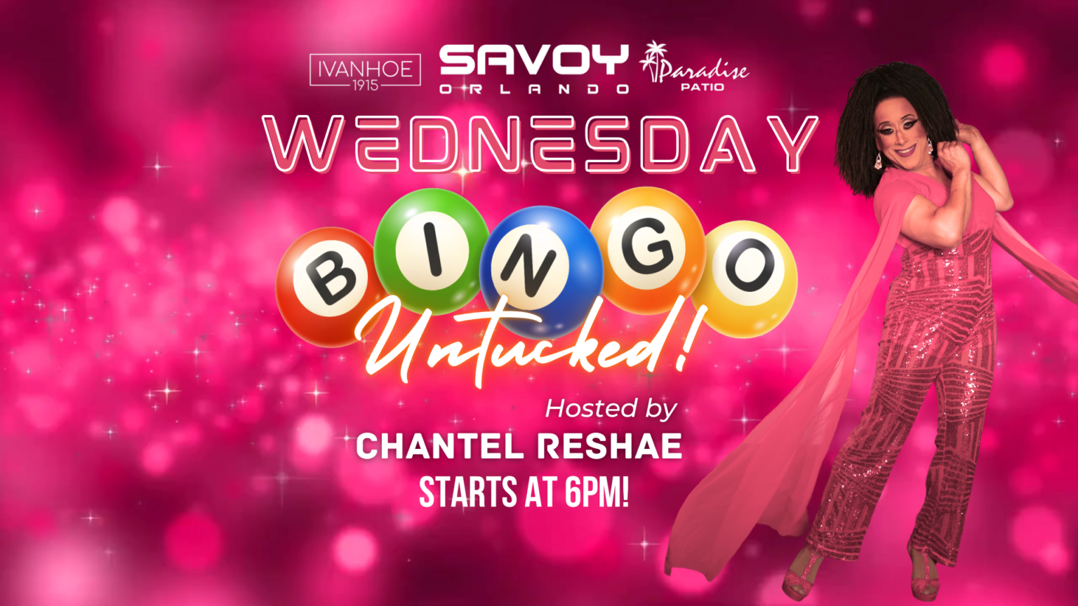 Promotional poster for a Bingo event at Savoy Orlando with a woman in a red dress on a pink background.