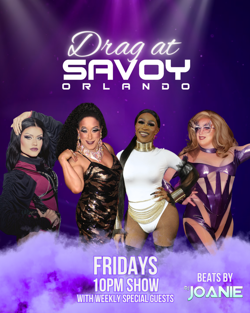 Promotional poster for Drag at Savoy Orlando featuring four drag queens on a purple background.
