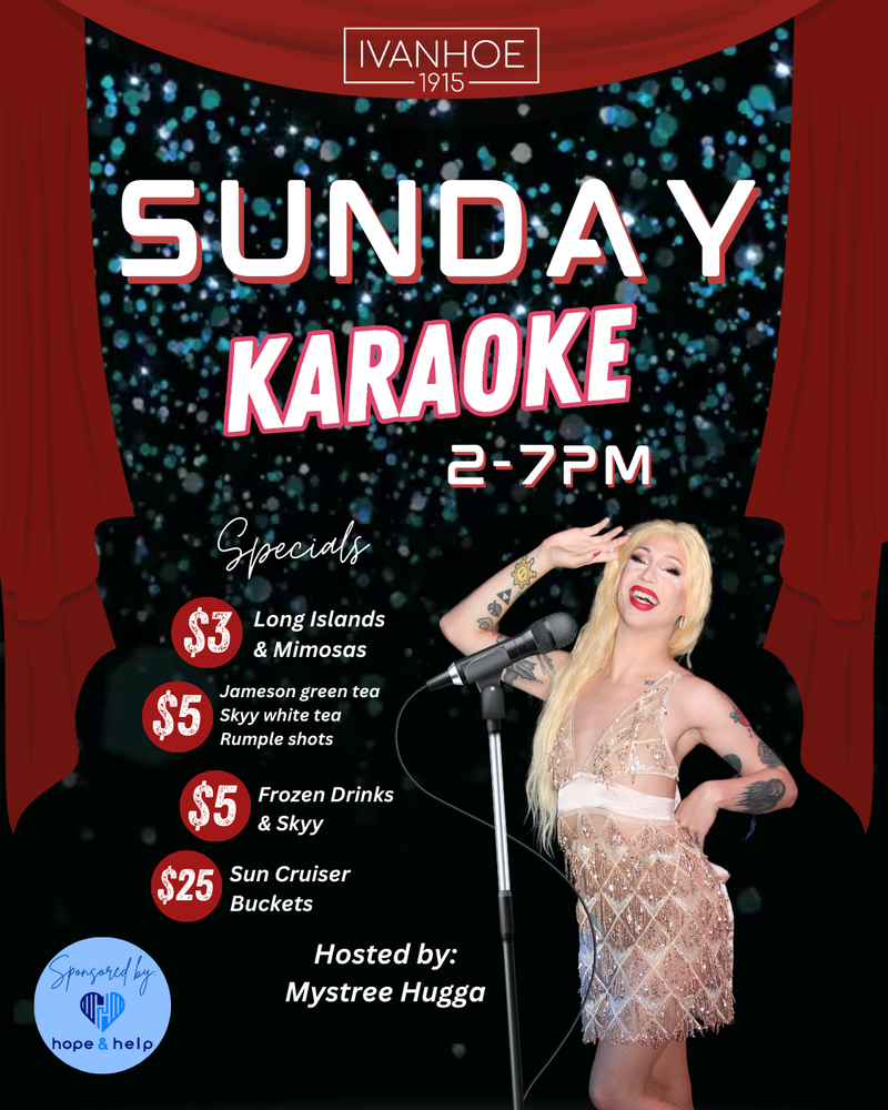 Promotional poster for Sunday Karaoke event with a woman at a microphone, featuring Ivanhoe 1915 branding.