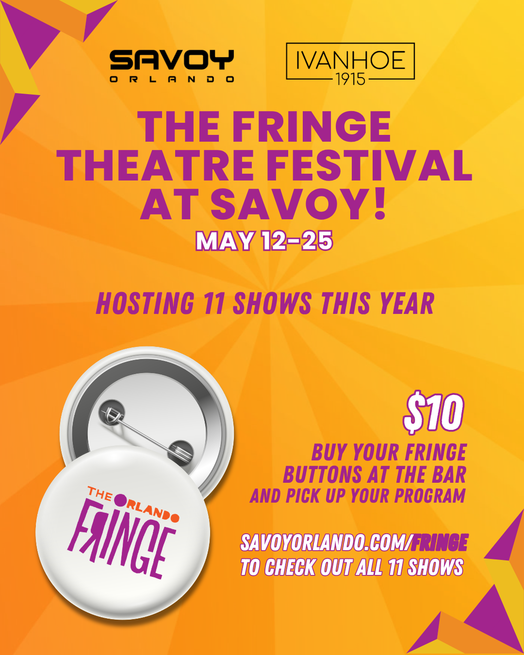 Promotional poster for Savoy Orlando's Fringe Theatre Festival with a button and event details.
