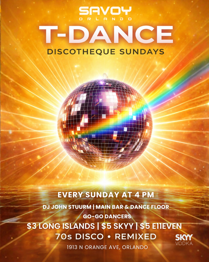 Promotional flyer for T-Dance Discotheque Sundays event with a disco ball and vibrant colors.
