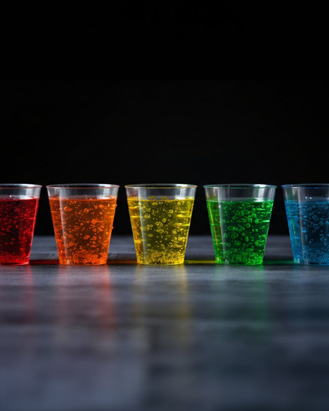 Five transparent cups filled with colorful liquids on a dark surface