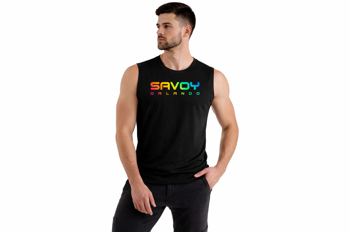 Man wearing a black sleeveless shirt with 'Savoy Orlando' logo on a white background