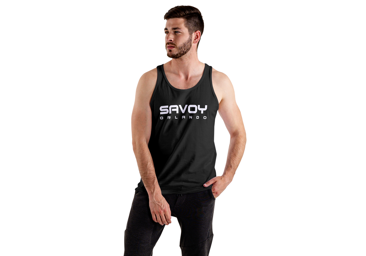 Man wearing a black tank top with 'Savoy Orlando' logo on a white background