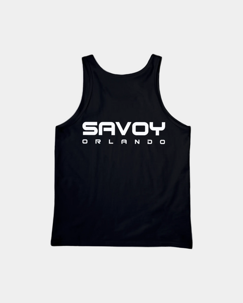 Black tank top with 'Savoy Orlando' text on a white background