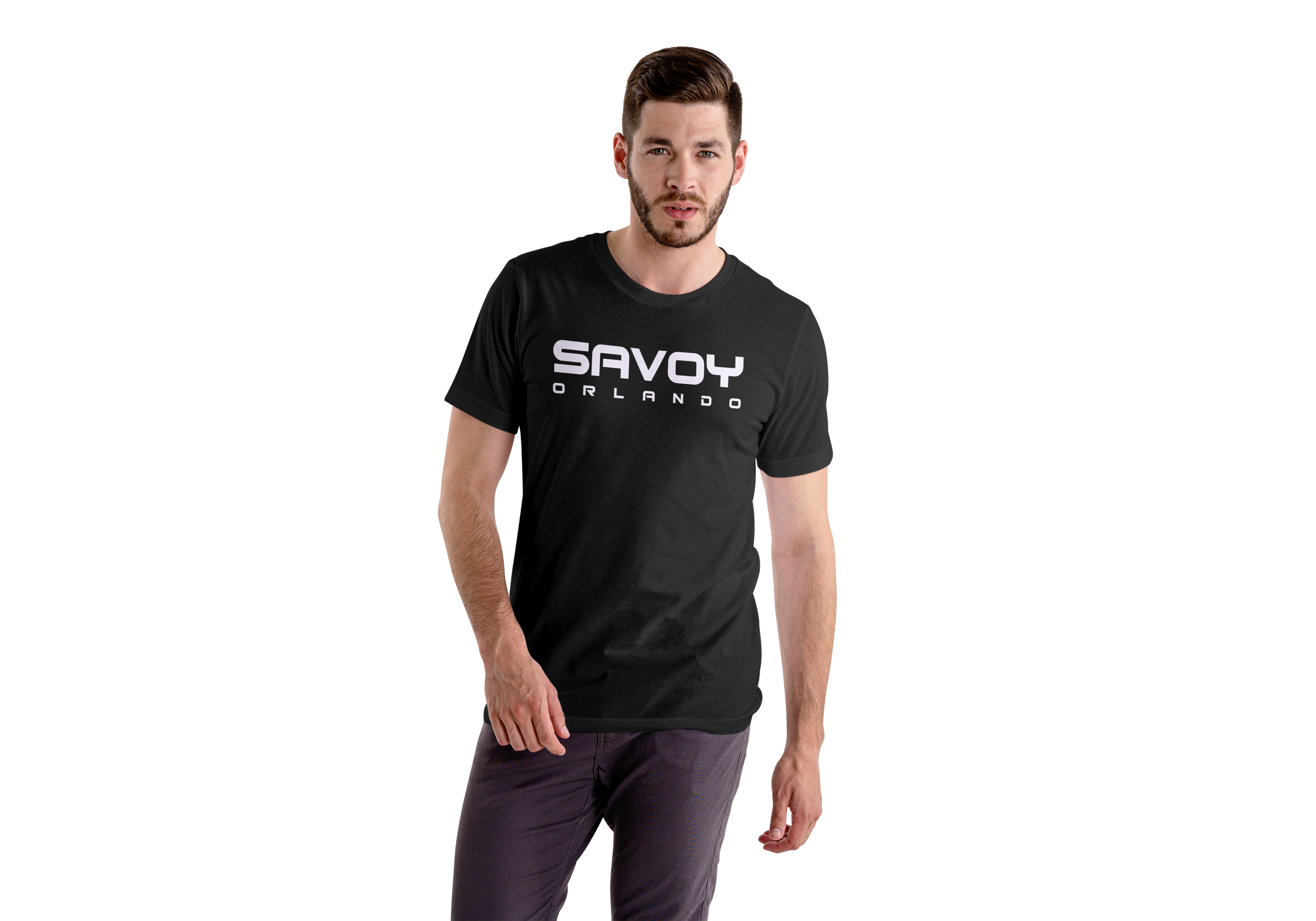 Man wearing a black Savoy Orlando t-shirt on a white background