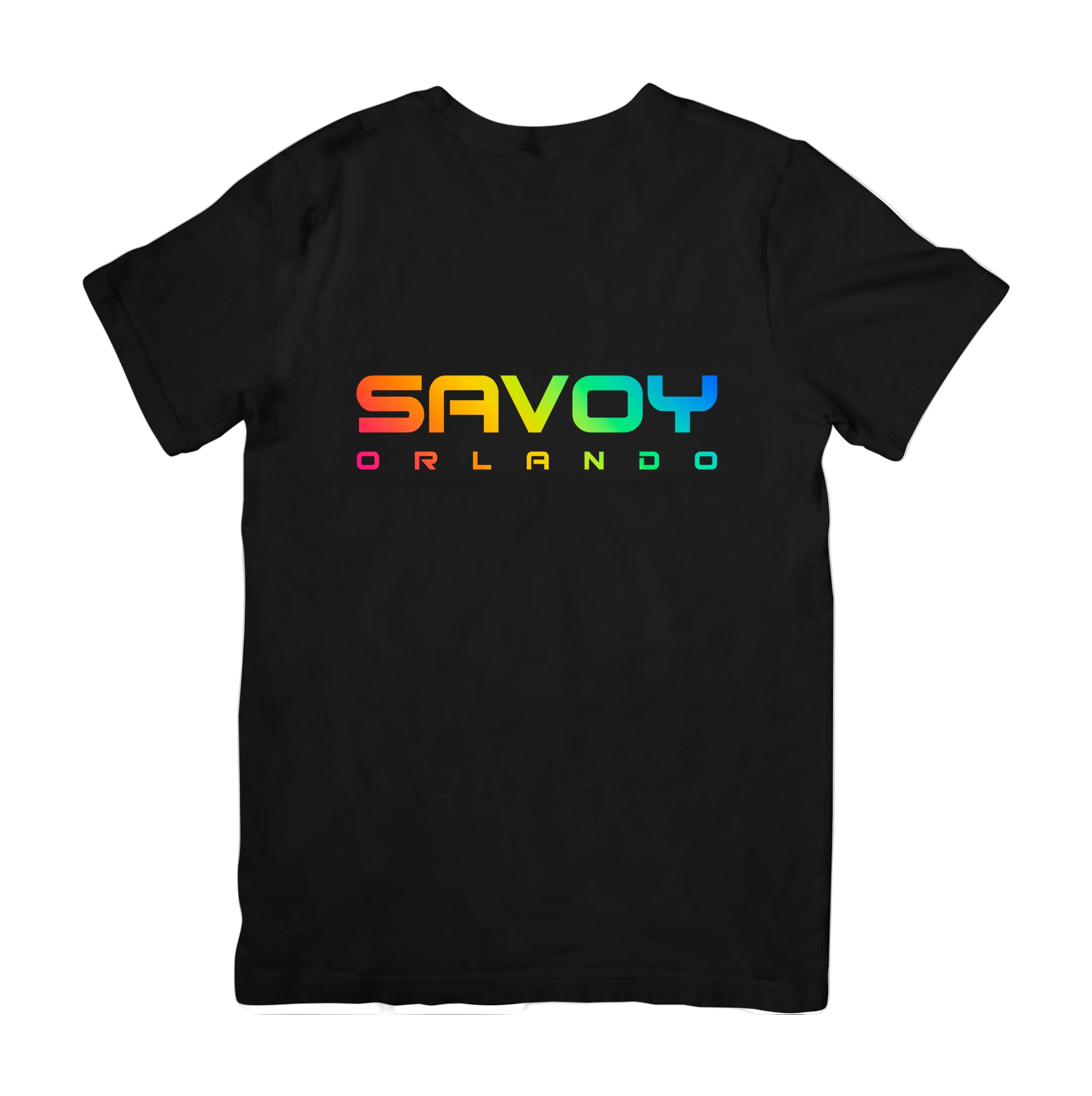 Black t-shirt with colorful 'Savoy Orlando' text on a white background