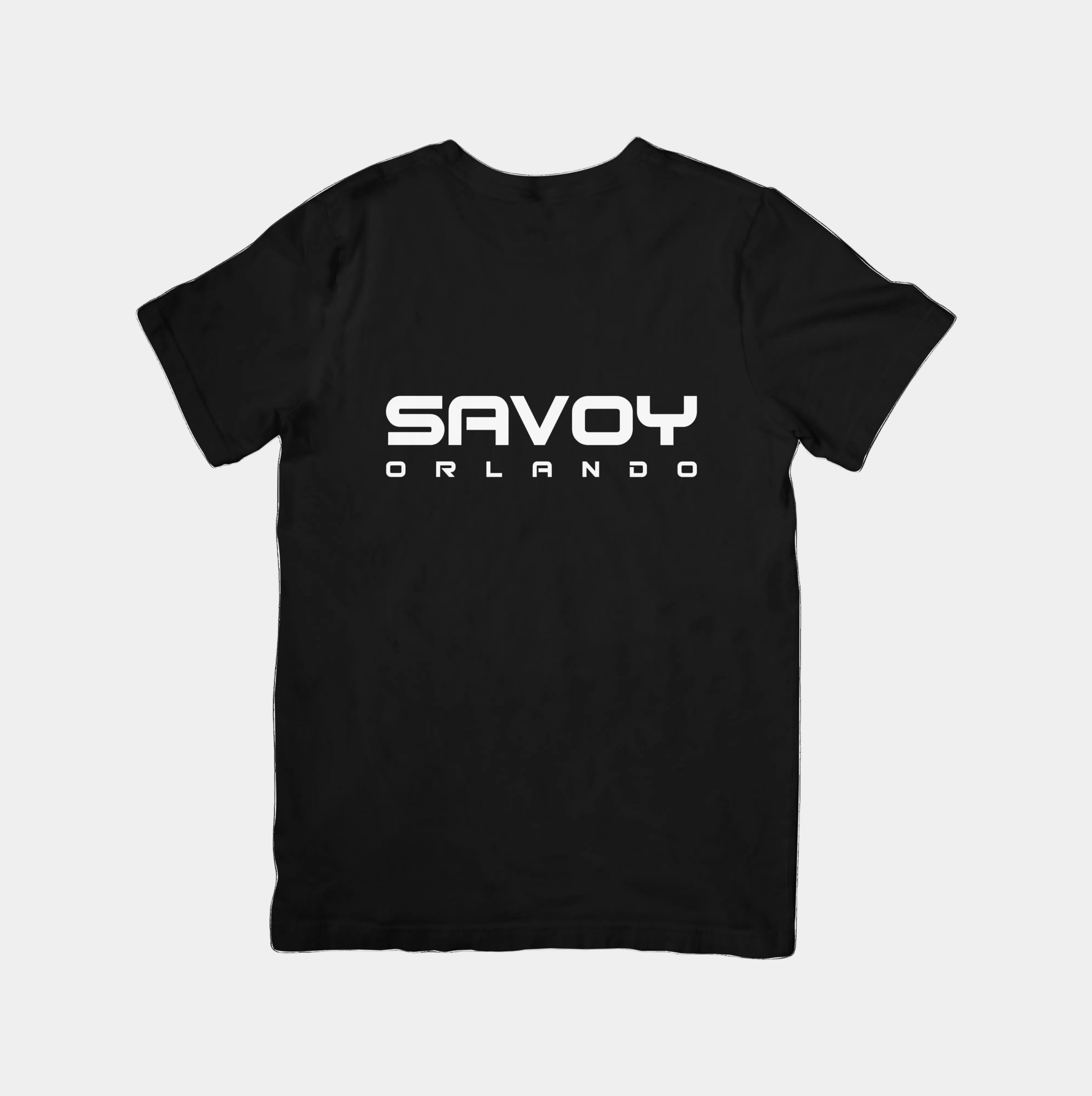 Black t-shirt with 'Savoy Orlando' text on a white background