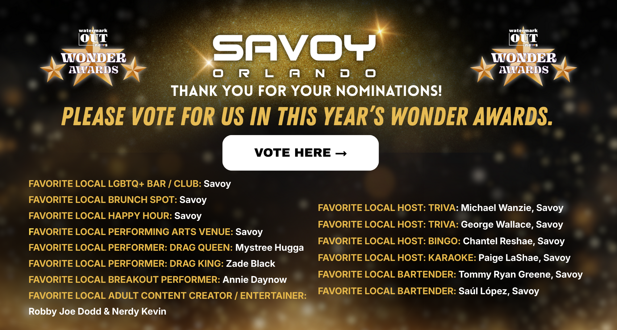 Flyer asking visitors to vote for Savoy Orlando at the Wonder Awards contest