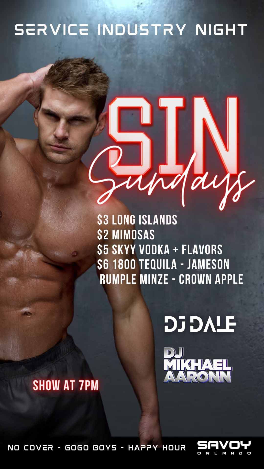 flyers about sunday nights events at savoy orlando drink specials and happy hour